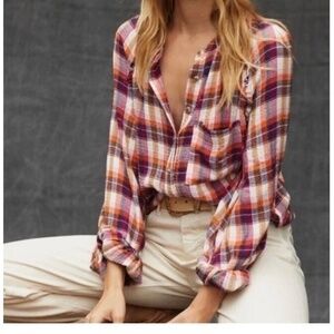 Anthropologie Pilcro Breezy Button Down Plaid Shirt Purple Orange Size XS